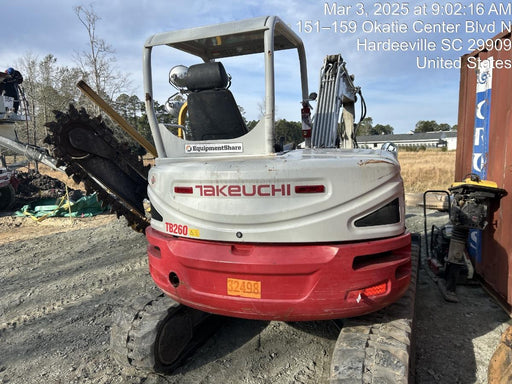 2019 Takeuchi TB260 Canopy, Standard Blade, Auxiliary hydraulics Manual QC, Hydraulic thumb, 12" ,18", 24" Bucket