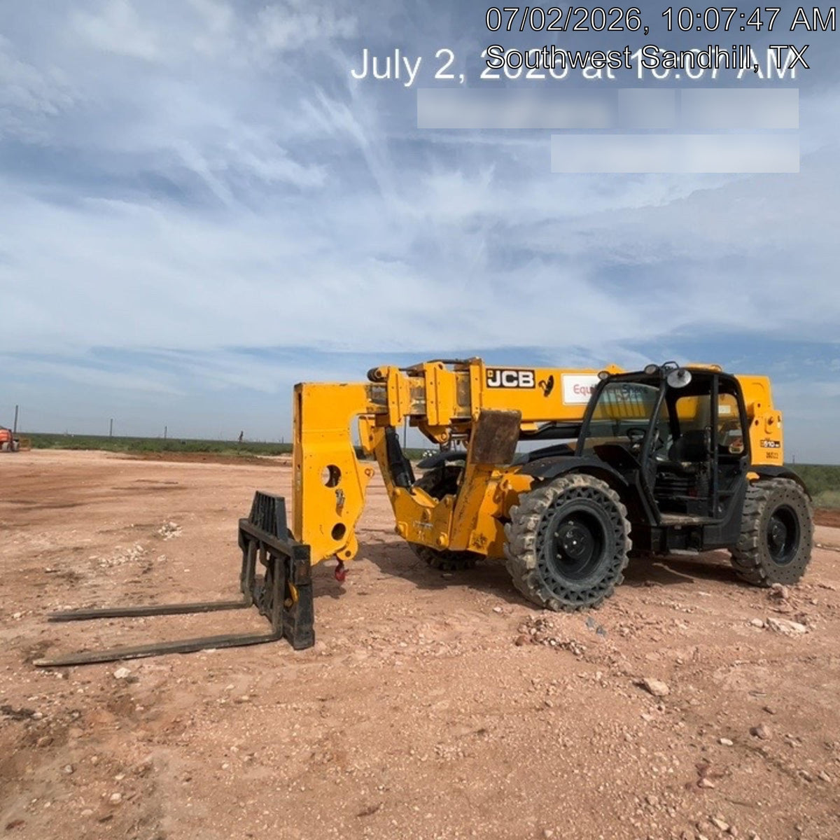2019 JCB 510-56 74 HP w/Open ROPS, Beacon, Aux Hydraulics, Worklights, Solid Tires w/60" Carriage/Forks