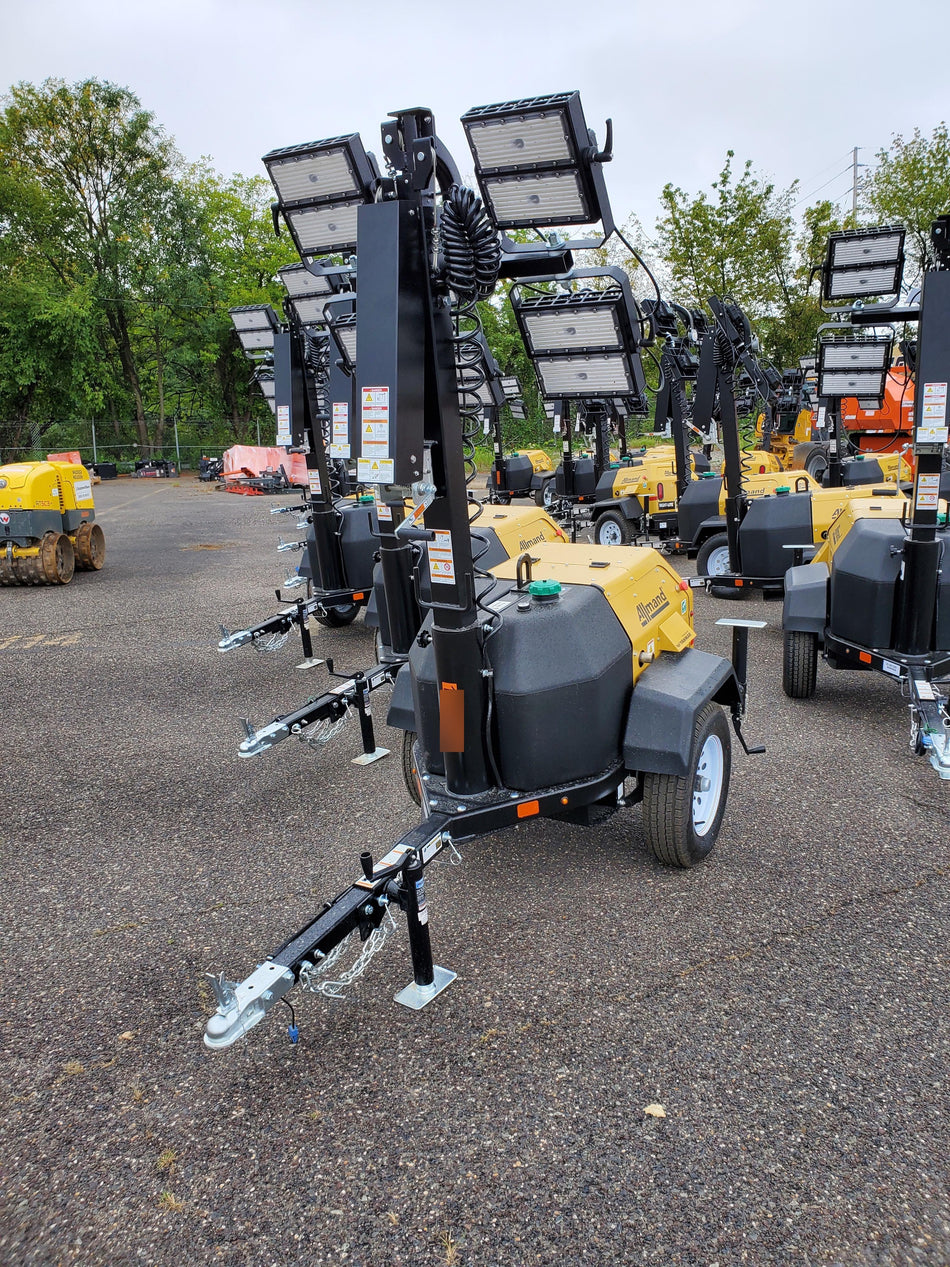 Allmand NLV3GR (4) LED Light Fixture 350W, 23' Vertical Mast, 3kW Prime, Towable, Deep Sea L401, Leveling Jacks, Yanmar T4F 5.8hp