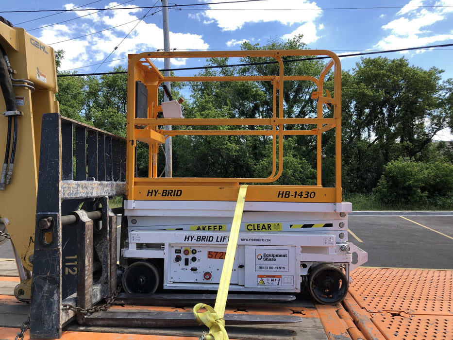 Custom Equipment HB-1430 <ul>
 <li>Hy-Brid Scissor Lift</li>
  <li>Platform capacity up to 670 lbs.</li>
  <li>Working height up to 20 ft</li>
  <li>Weighs under 1,700 lbs.</li>
  <li>Non-marking wheels </li>
</ul>