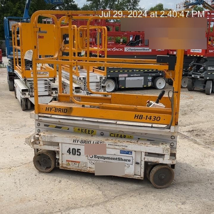 Custom Equipment HB-1430 <ul>
 <li>Hy-Brid Scissor Lift</li>
  <li>Platform capacity up to 670 lbs.</li>
  <li>Working height up to 20 ft</li>
  <li>Weighs under 1,700 lbs.</li>
  <li>Non-marking wheels </li>
</ul>