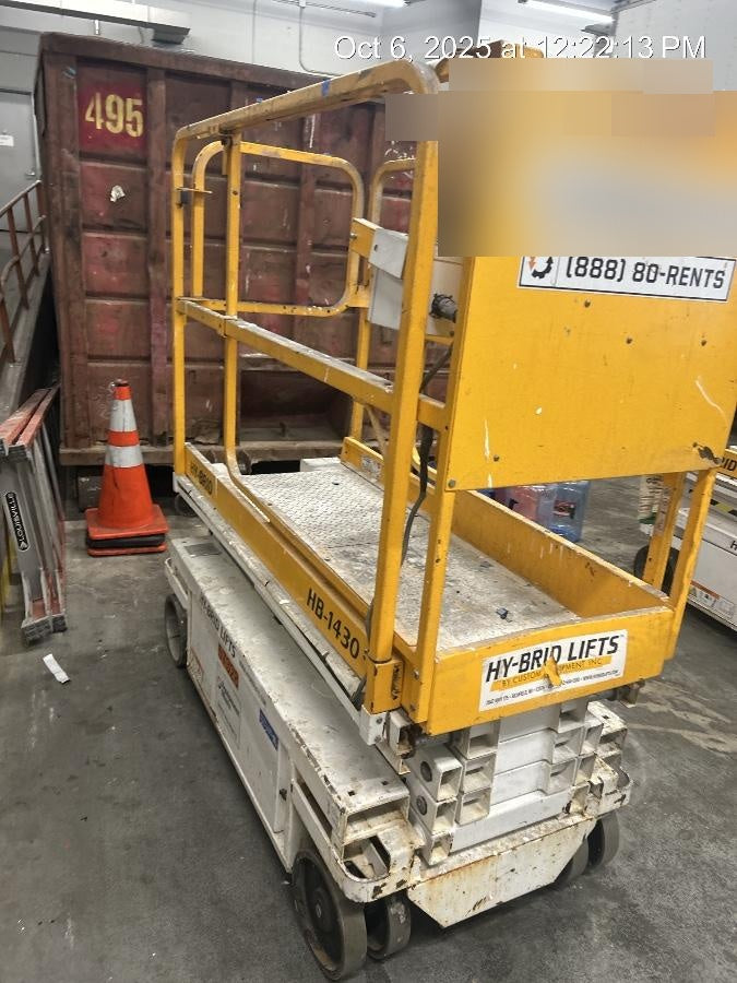 Custom Equipment HB-1430 <ul>
 <li>Hy-Brid Scissor Lift</li>
  <li>Platform capacity up to 670 lbs.</li>
  <li>Working height up to 20 ft</li>
  <li>Weighs under 1,700 lbs.</li>
  <li>Non-marking wheels </li>
</ul>