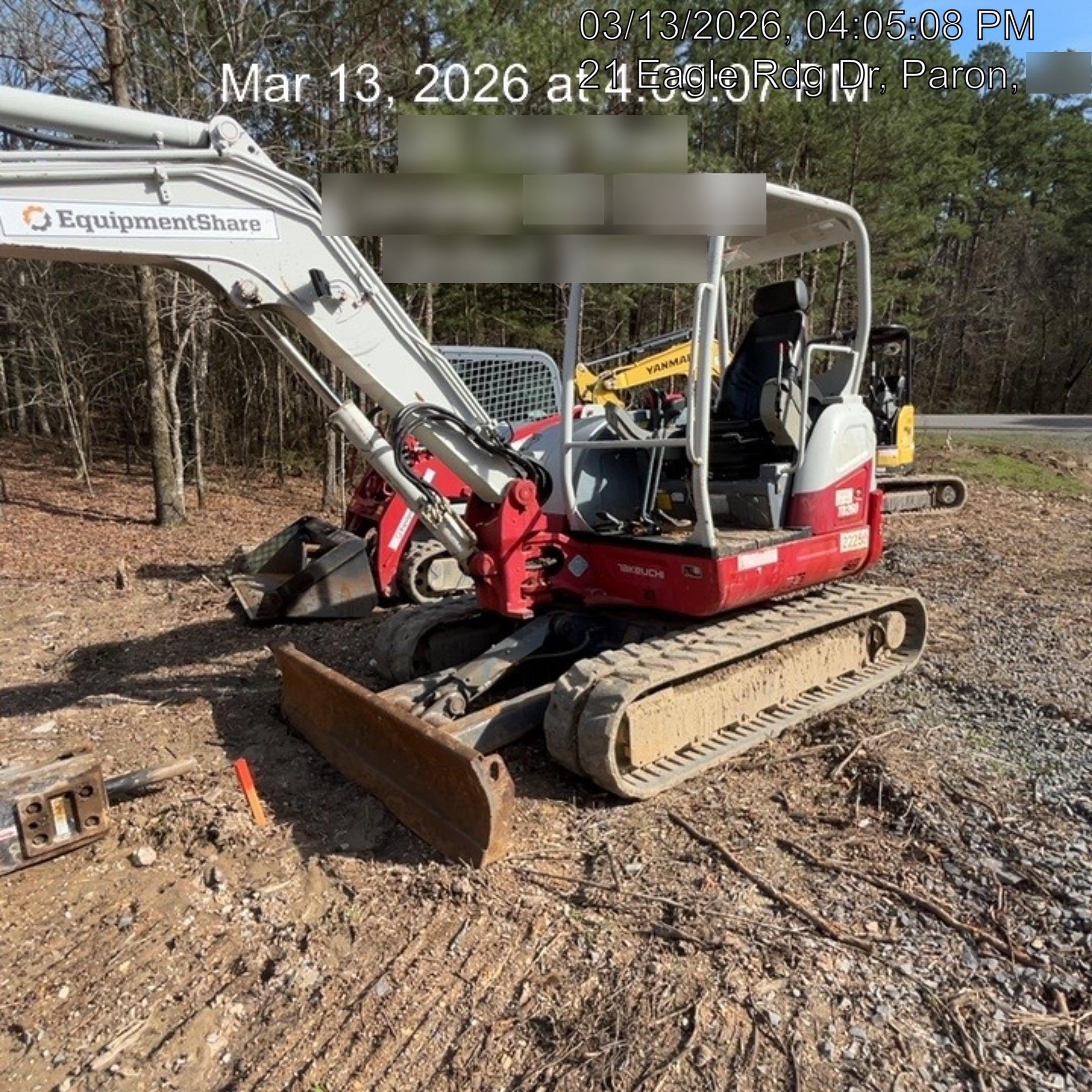 2019 Takeuchi TB260 Takeuchi TB260 Canopy w/Rubber Tracks, Auxiliary Hydraulics, Standard Blade, Manual QC, 12 / 18 / 24" Buckets, Hydraulic Thumb Installed