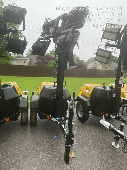 2022 Allmand NLV3GR (4) LED Light Fixture 350W, 23' Vertical Mast, 3kW Prime, Towable, Deep Sea L401, Leveling Jacks, Yanmar T4F 5.8hp