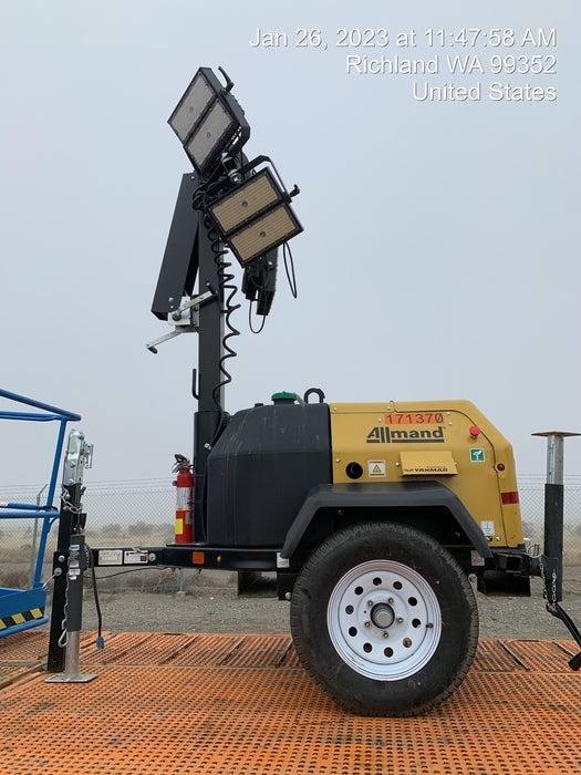 2021 Allmand NLV3GR (4) LED Light Fixture 350W, 23' Vertical Mast, 3kW Prime, Towable, Deep Sea L401, Leveling Jacks, Yanmar T4F 5.8hp