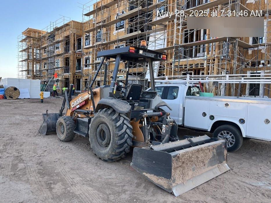 2019 Case 570N EP Canopy, 4WD, GP Front Bucket, Dual Tilt Cylinder, 84" Box Blade w/ Scarifier, Wheel Weights, Beacon