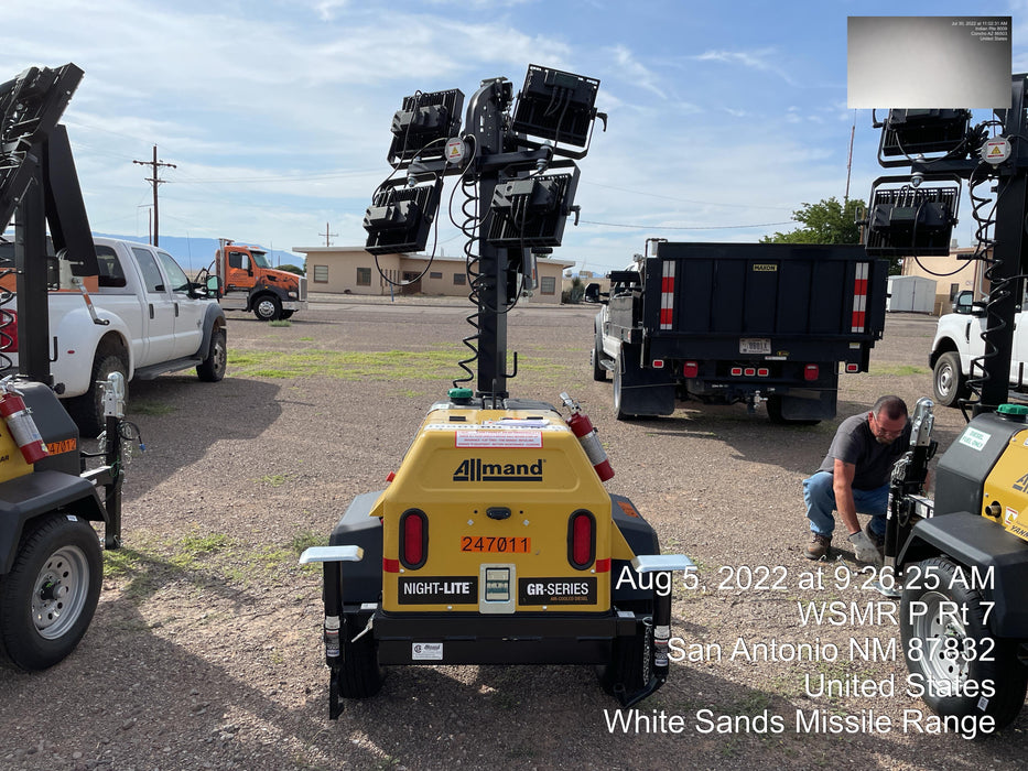 2022 Allmand NLV3GR (4) LED Light Fixture 350W, 23' Vertical Mast, 3kW Prime, Towable, ES Decals, T3