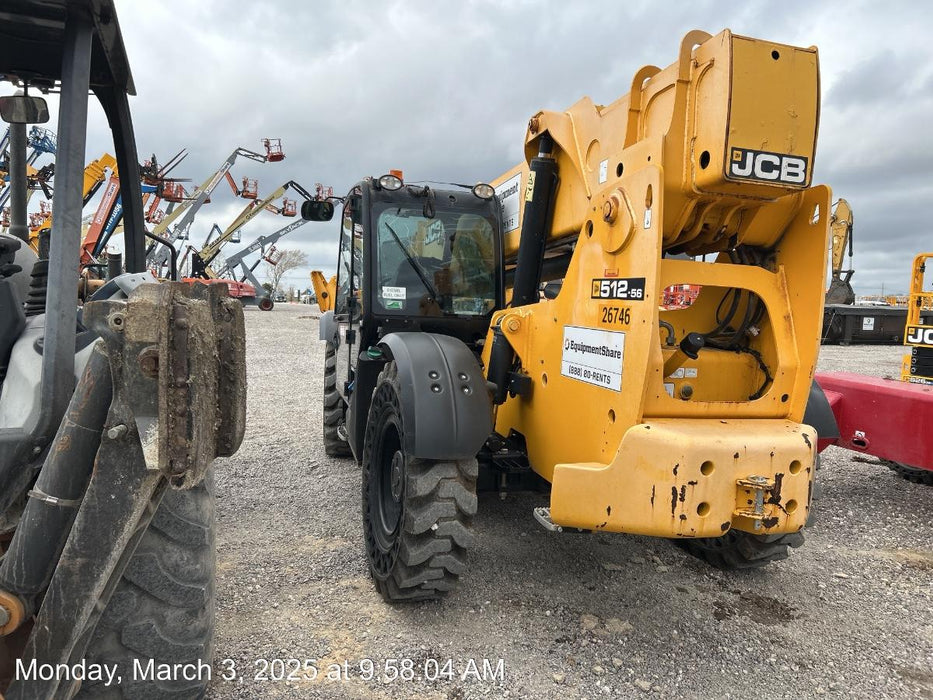 2019 JCB 512-56 Enclosed Cab, 109 HP, Solid Tires, Worklights, Beacon, Aux Hydraulics, Lifting Eye w/60" Carriage/60" Forks