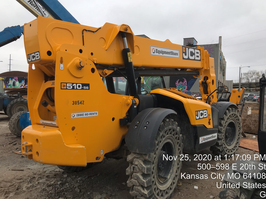2019 JCB 510-56 Open ROPS, 74 HP, Solid Tires, Worklights, Beacon, Aux Hydraulics, Lifting Eye 72" Carriage/60" Forks
