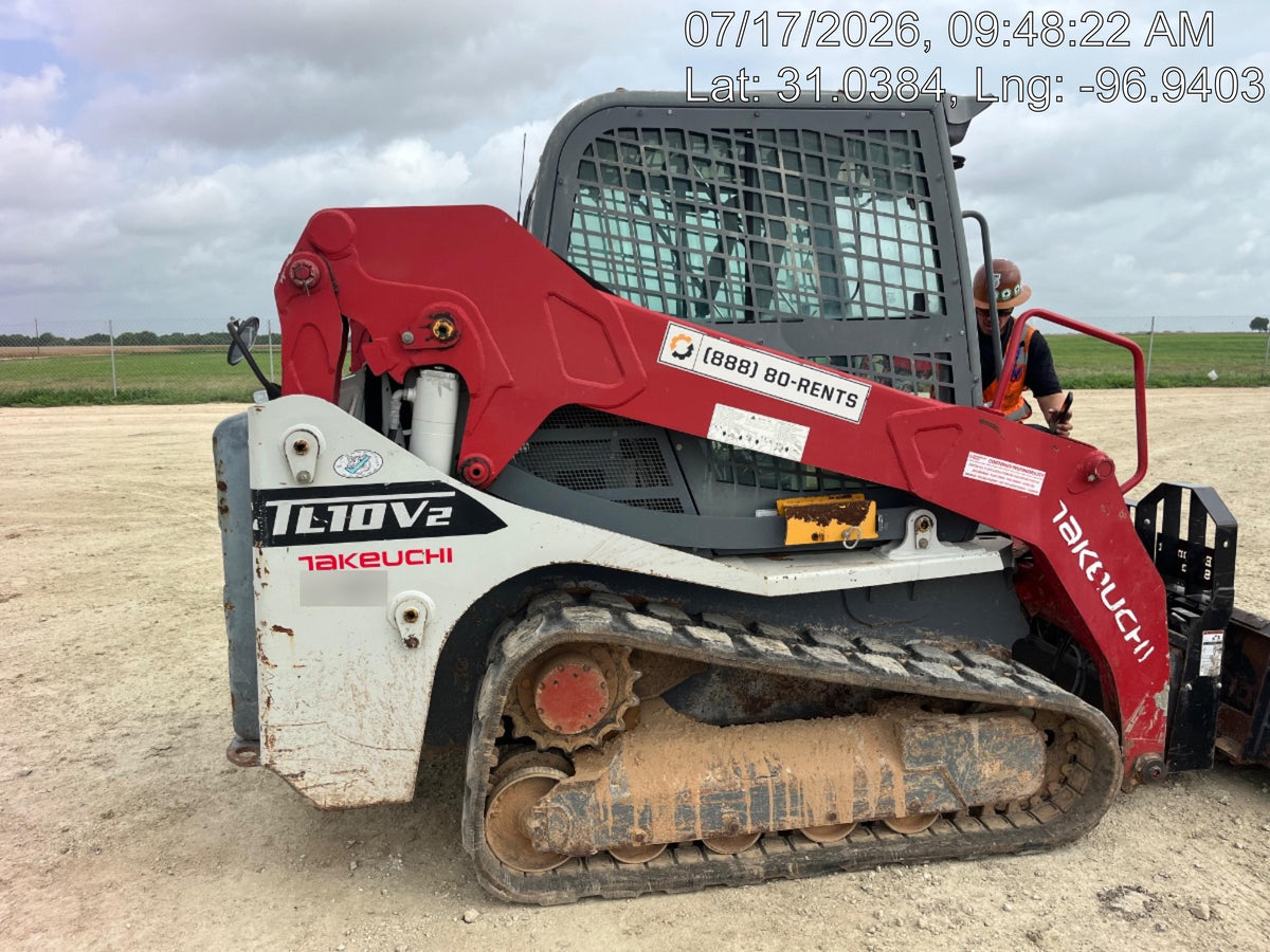 2019 Takeuchi TL10V2-CR Cab/Heat/AC, Rubber Tracks, Backup Alarm, Front & rear working Lights, Auxiliary Hydraulics, 2 Speed Travel, Engine Monitoring System, Hydraulic universal quick hitch w/76" HD smooth dirt bucket with bolt-on edge, 20.3 cubic feet capacity, 48" Pallet forks and frame