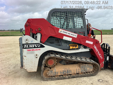 2019 Takeuchi TL10V2-CR Cab/Heat/AC, Rubber Tracks, Backup Alarm, Front & rear working Lights, Auxiliary Hydraulics, 2 Speed Travel, Engine Monitoring System, Hydraulic universal quick hitch w/76" HD smooth dirt bucket with bolt-on edge, 20.3 cubic feet capacity, 48" Pallet forks and frame