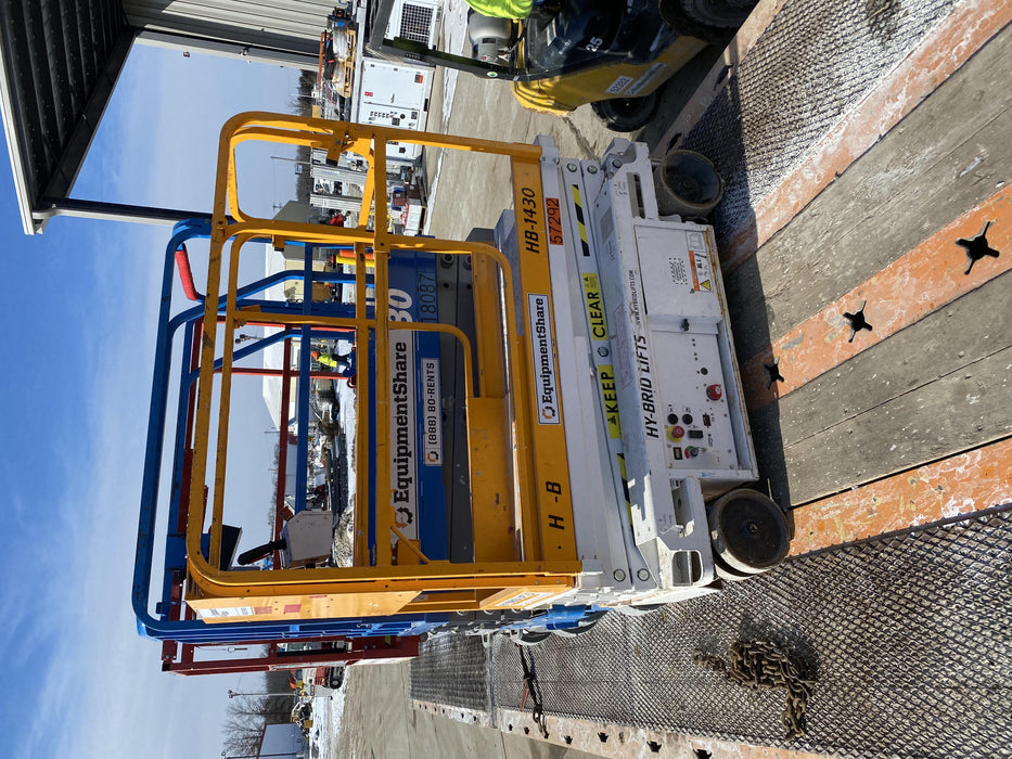 Custom Equipment HB-1430 Hy-Brid Scissor Lift
Platform capacity up to 670 lbs
Working height up to 20 ft
Weighs under 1,700 lbs
Non-marking wheels