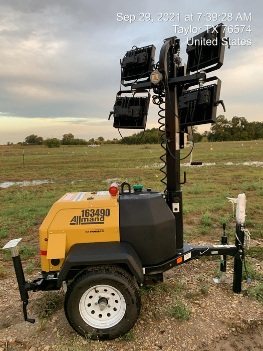 2021 Allmand NLV3GR (4) LED Light Fixture 350W, 23' Vertical Mast, 3kW Prime, Towable, Deep Sea L401, Leveling Jacks, Yanmar T4F 5.8hp