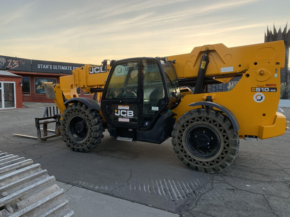 2020 JCB 510-56 Cab/Heat/Air, 74 HP, Solid Tires, STD Worklight, Beacon, Aux Hydraulics, Lifting Eye, Back up Alarm w/66" Carriage/60" Forks