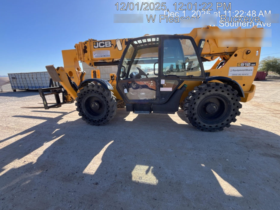 2019 JCB 512-56 74 HP w/CAB/HVAC, Beacon, Aux Hydraulics, Worklights, Solid Tires w/60" Carriage/Forks