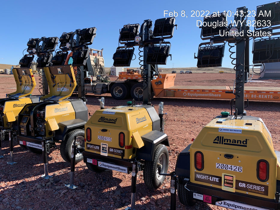 2022 Allmand NLV3GR (4) LED Light Fixture 350W, 23' Vertical Mast, 3kW Prime, Towable, Deep Sea L401, Leveling Jacks, Yanmar T4F 5.8hp