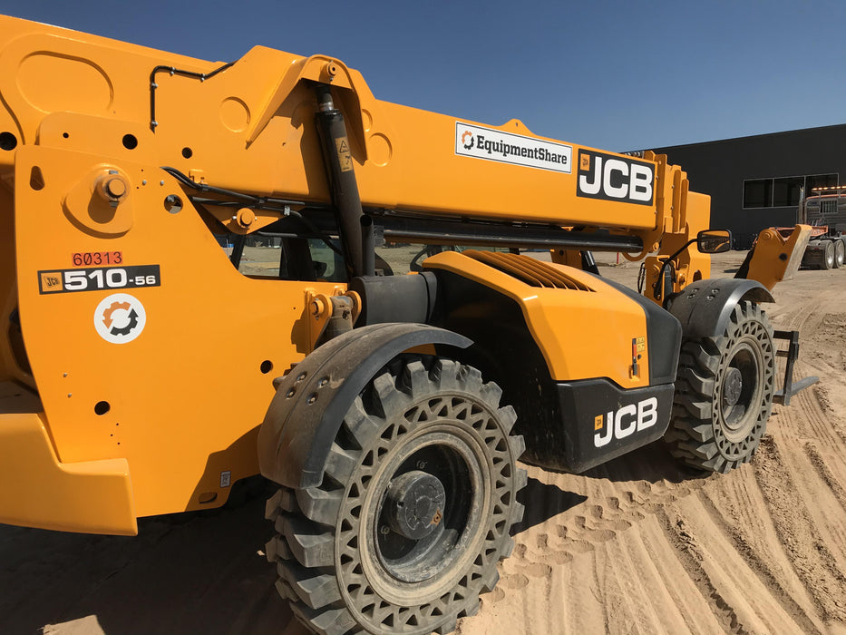 2020 JCB 510-56 Cab/Heat/Air, 74 HP, Solid Tires, STD Worklight, Beacon, Aux Hydraulics, Lifting Eye, Back up Alarm w/66" Carriage/60" Forks