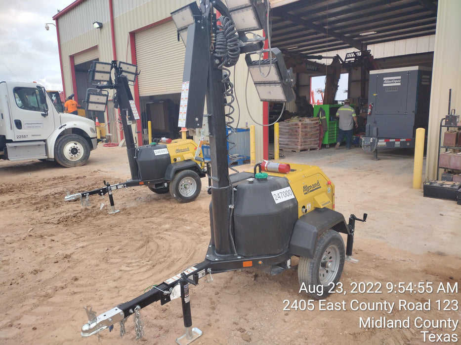 2022 Allmand NLV3GR (4) LED Light Fixture 350W, 23' Vertical Mast, 3kW Prime, Towable, ES Decals, T3