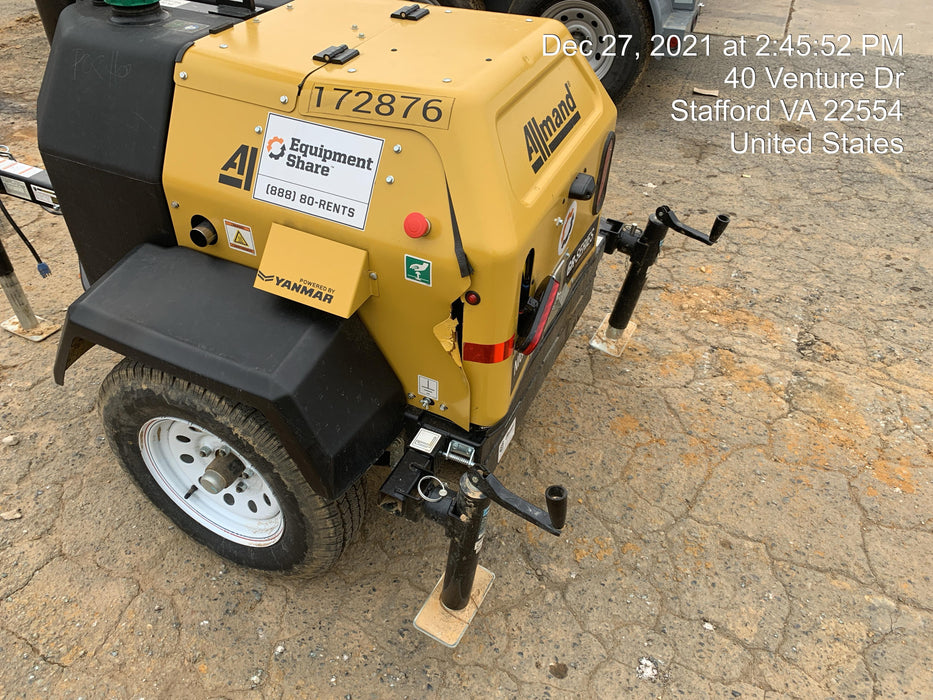 2021 Allmand NLV3GR (4) LED Light Fixture 350W, 23' Vertical Mast, 3kW Prime, Towable, Deep Sea L401, Leveling Jacks, Yanmar T4F 5.8hp