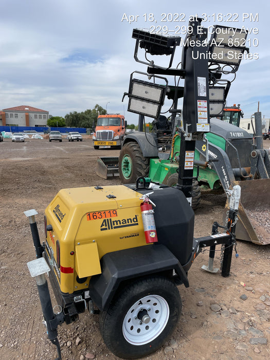 2022 Allmand NLV3GR (4) LED Light Fixture 350W, 23' Vertical Mast, 3kW Prime, Towable, Deep Sea L401, Leveling Jacks, Yanmar T4F 5.8hp