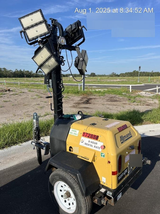 2021 Allmand NLV3GR (4) LED Light Fixture 350W, 23' Vertical Mast, 3kW Prime, Towable, Deep Sea L401, Leveling Jacks, Yanmar T4F 5.8hp