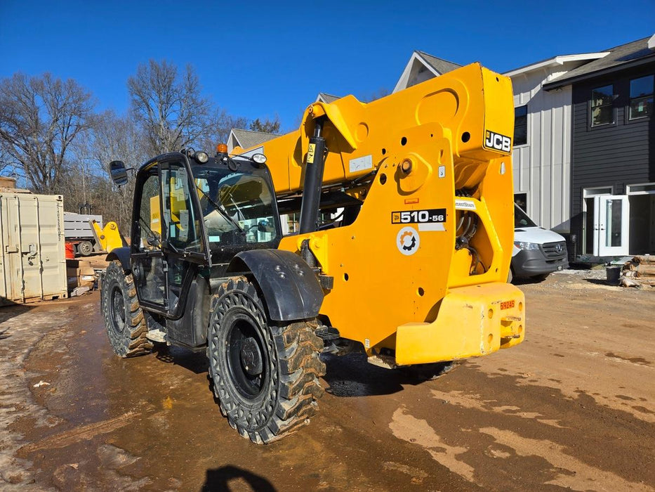 2020 JCB 510-56 Cab/Heat/Air, 74 HP, Solid Tires, STD Worklight, Beacon, Aux Hydraulics, Lifting Eye, Back up Alarm w/66" Carriage/60" Forks