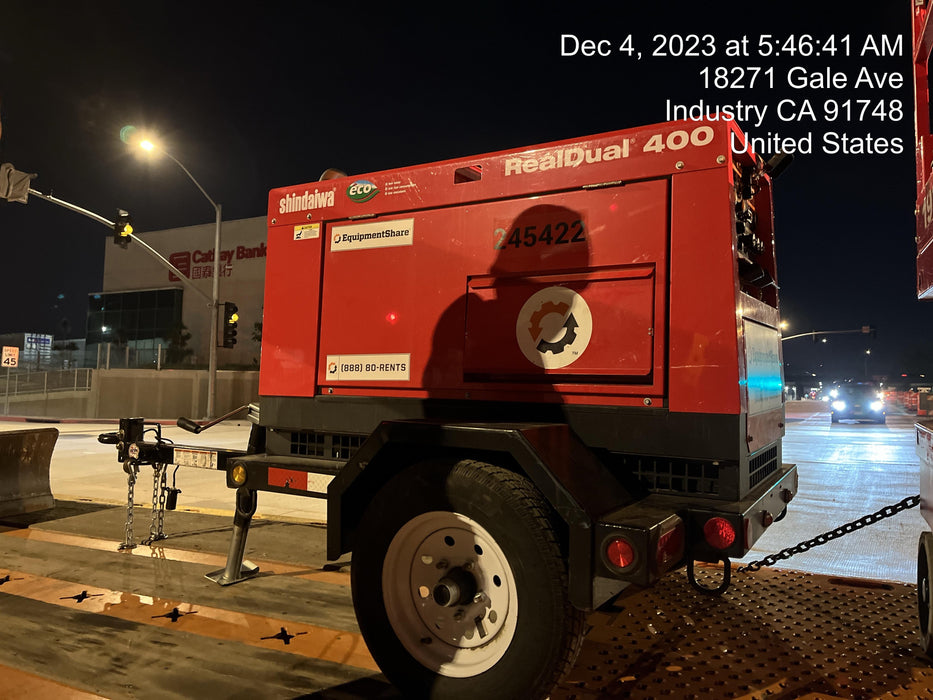 2022 Shindaiwa DGW400MDL Kubota D902 Engine, 23 HP, Dual Op Welder, Wire, Arc, Droop Stick, Tig, and CC Stick Functionality, Simulphase, 3 Phase and 1 Phase Gen Output, Single Axle NB Trlr, Slr Trckl Chrg 12V 12W, Fire Ext