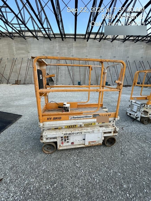 Custom Equipment HB-1430 <ul>
 <li>Hy-Brid Scissor Lift</li>
  <li>Platform capacity up to 670 lbs.</li>
  <li>Working height up to 20 ft</li>
  <li>Weighs under 1,700 lbs.</li>
  <li>Non-marking wheels </li>
</ul>