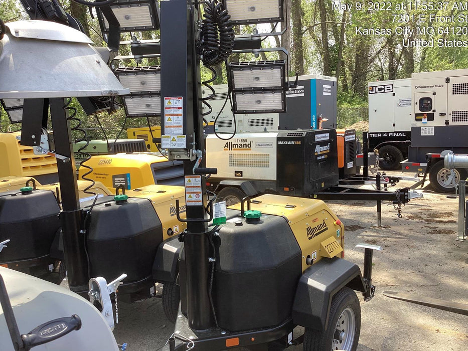 2022 Allmand NLV3GR (4) LED Light Fixture 350W, 23' Vertical Mast, 3kW Prime, Towable, Deep Sea L401, Leveling Jacks, Yanmar T4F 5.8hp