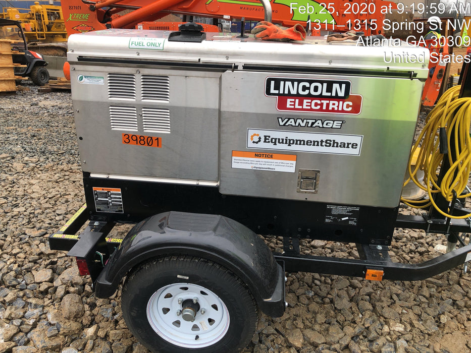 2019 Lincoln Electric Vantage 322 Welder Ready-Pak 3, Two wheel trailer, Fender and Light kit, Cable Rack
