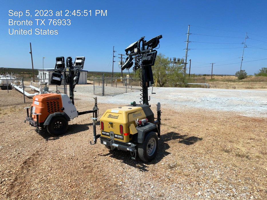 2022 Allmand NLV3GR (4) LED Light Fixture 350W, 23' Vertical Mast, 3kW Prime, Towable, Deep Sea L401, Leveling Jacks, Yanmar T4F 5.8hp