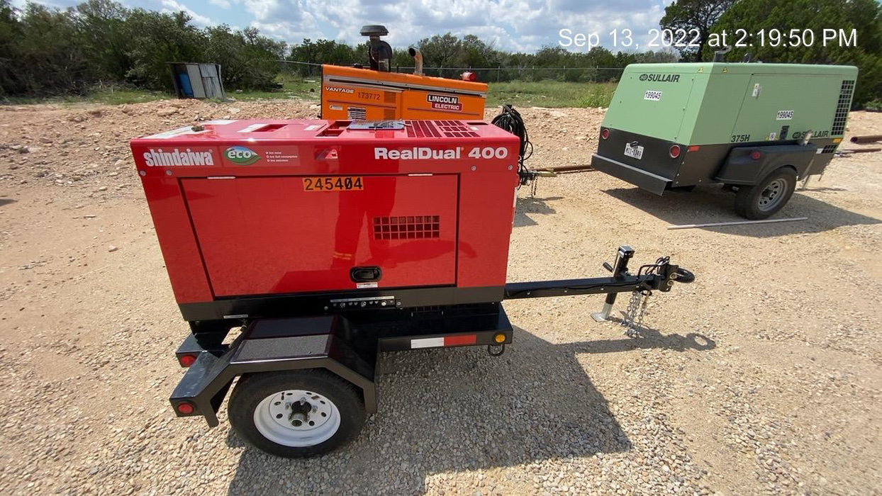 2022 Shindaiwa DGW400MDL Kubota D902 Engine, 23 HP, Dual Op Welder, Wire, Arc, Droop Stick, Tig, and CC Stick Functionality, Simulphase, 3 Phase and 1 Phase Gen Output, Single Axle NB Trlr, Slr Trckl Chrg 12V 12W, Fire Ext