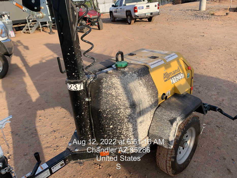 2022 Allmand NLV3GR (4) LED Light Fixture 350W, 23' Vertical Mast, 3kW Prime, Towable, Deep Sea L401, Leveling Jacks, Yanmar T4F 5.8hp