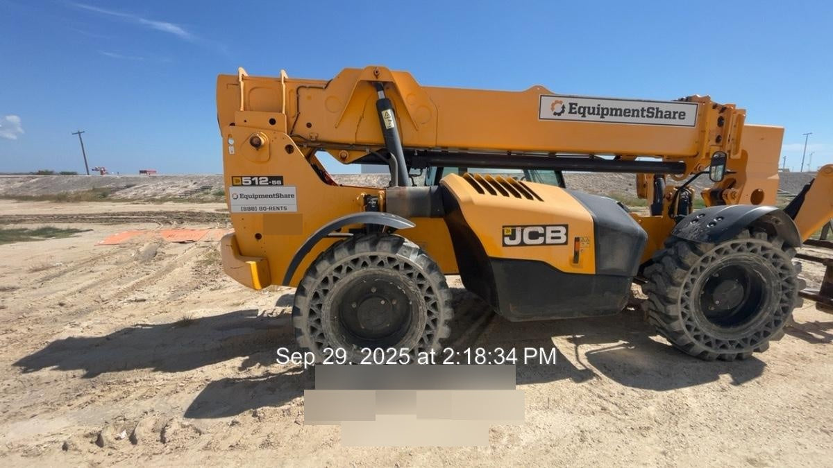 2019 JCB 512-56 74 HP w/CAB/HVAC, Beacon, Aux Hydraulics, Worklights, Solid Tires w/60" Carriage/Forks