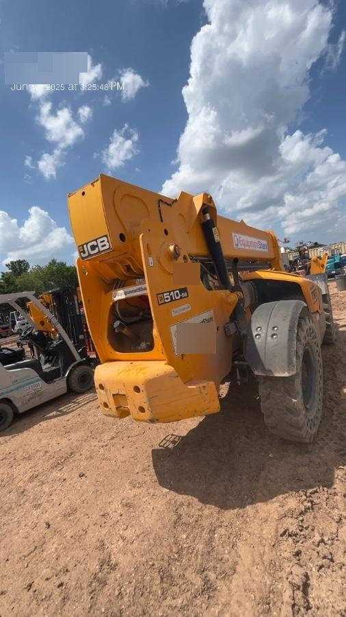 2019 JCB 510-56 74 HP w/Open ROPS, Beacon, Aux Hydraulics, Worklights, Solid Tires w/60" Carriage/Forks