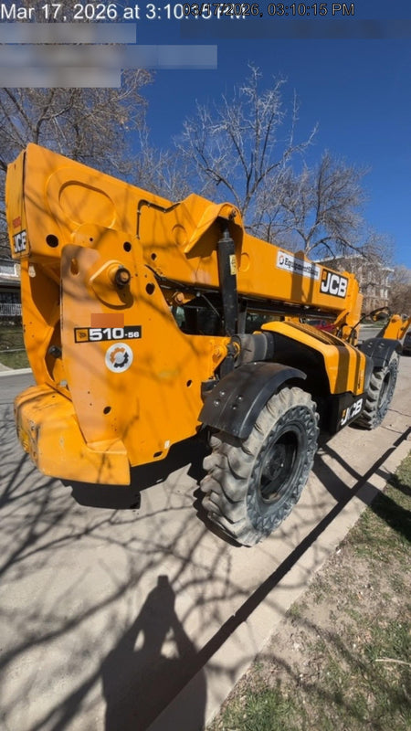 2020 JCB 510-56 Cab/Heat/Air, 74 HP, Solid Tires, STD Worklight, Beacon, Aux Hydraulics, Lifting Eye, Back up Alarm w/66" Carriage/60" Forks
