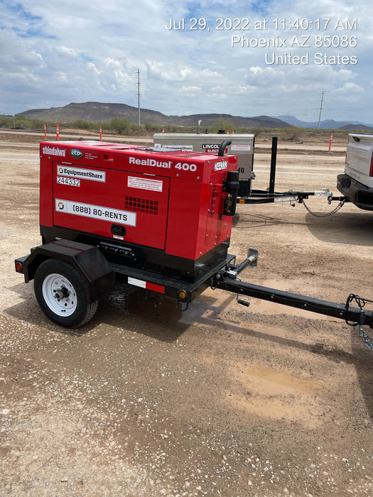 2022 Shindaiwa DGW400MDL Kubota D902 Engine, 23 HP, Dual Op Welder, Wire, Arc, Droop Stick, Tig, and CC Stick Functionality, Simulphase, 3 Phase and 1 Phase Gen Output, Single Axle NB Trlr, Slr Trckl Chrg 12V 12W, Fire Ext