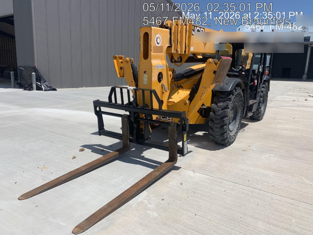 2019 JCB 510-56 74 HP w/Open ROPS, Beacon, Aux Hydraulics, Worklights, Solid Tires w/60" Carriage/Forks
