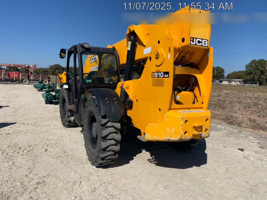 2019 JCB 510-56 Open ROPS, 74 HP, Solid Tires, Worklights, Beacon, Aux Hydraulics, Lifting Eye 60" Carriage/60" Forks