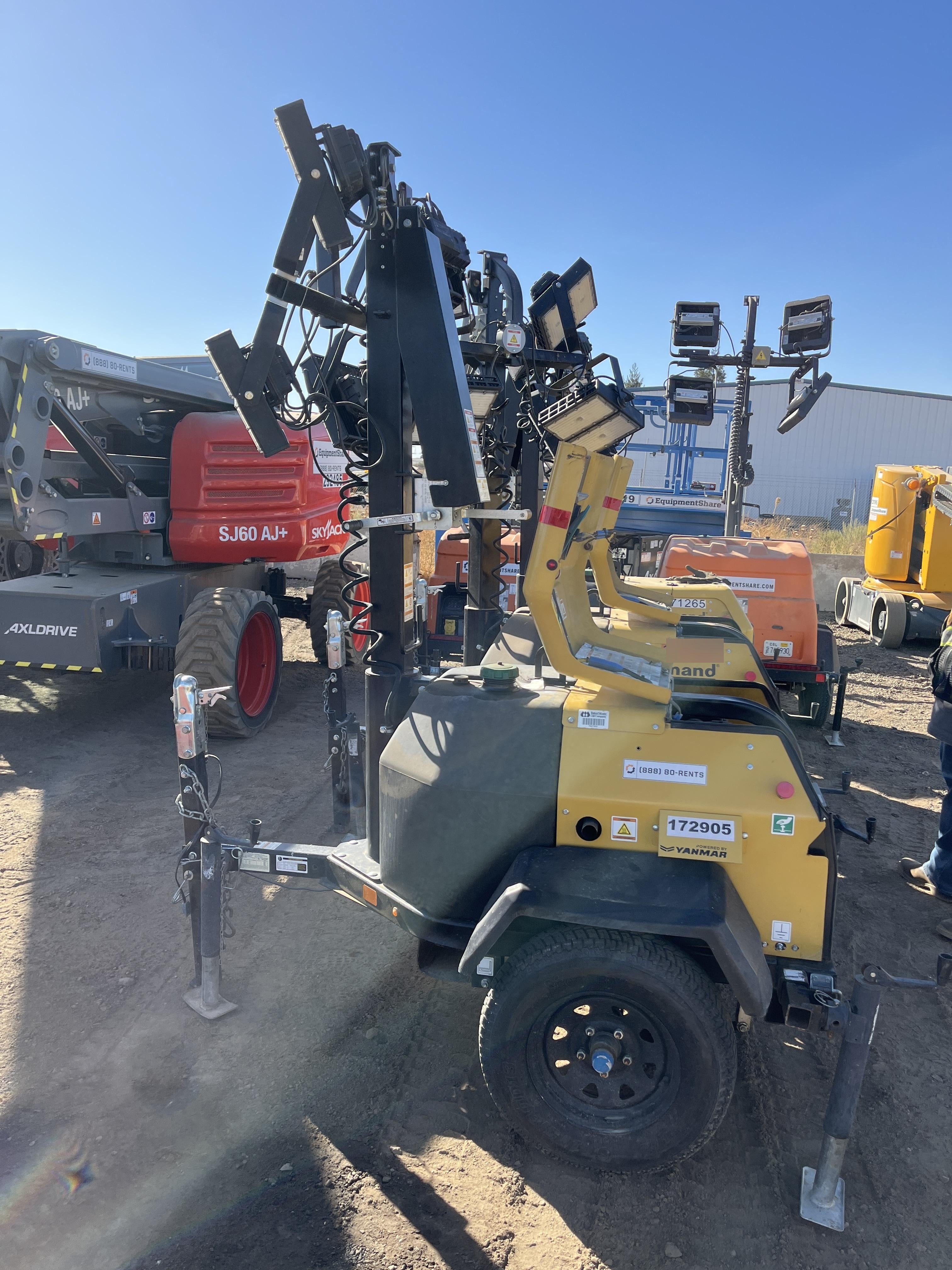 Allmand NLV3GR (4) LED Light Fixture 350W, 23' Vertical Mast, 3kW Prime, Towable, Deep Sea L401, Leveling Jacks, Yanmar T4F 5.8hp
