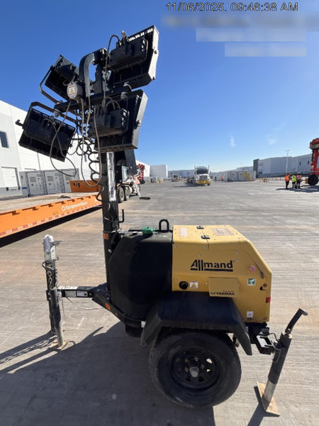 2021 Allmand NLV3GR (4) LED Light Fixture 350W, 23' Vertical Mast, 3kW Prime, Towable, Deep Sea L401, Leveling Jacks, Yanmar T4F 5.8hp