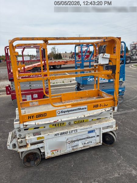 Custom Equipment HB-1430 <ul>
 <li>Hy-Brid Scissor Lift</li>
  <li>Platform capacity up to 670 lbs.</li>
  <li>Working height up to 20 ft</li>
  <li>Weighs under 1,700 lbs.</li>
  <li>Non-marking wheels </li>
</ul>