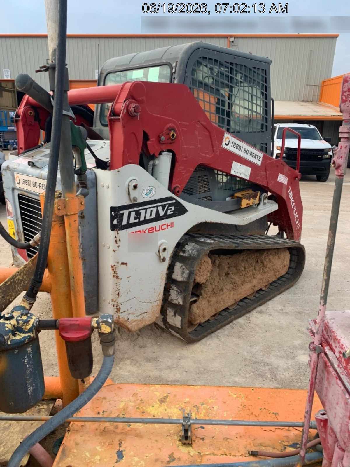 2019 Takeuchi TL10V2-CR Cab/Heat/AC, Rubber Tracks, Backup Alarm, Front & rear working Lights, Auxiliary Hydraulics, 2 Speed Travel, Engine Monitoring System, Hydraulic universal quick hitch w/76" HD smooth dirt bucket with bolt-on edge, 20.3 cubic feet capacity, 48" Pallet forks and frame