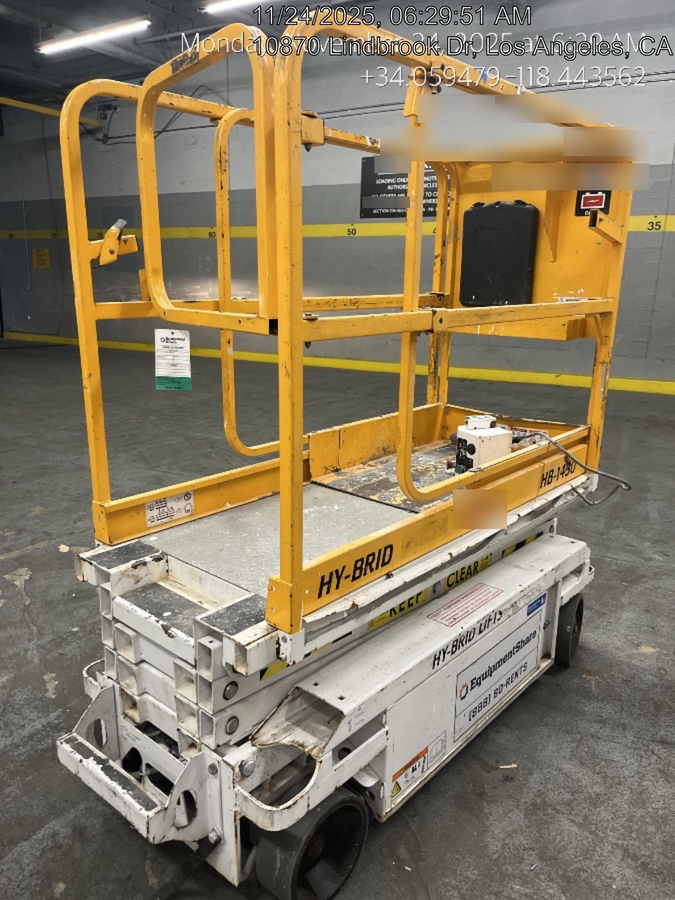 Custom Equipment HB-1430 <ul>
 <li>Hy-Brid Scissor Lift</li>
  <li>Platform capacity up to 670 lbs.</li>
  <li>Working height up to 20 ft</li>
  <li>Weighs under 1,700 lbs.</li>
  <li>Non-marking wheels </li>
</ul>