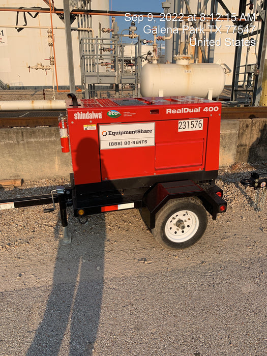 2022 Shindaiwa DGW400MDL Kubota D902 Engine, 23 HP, Dual Op Welder, Wire, Arc, Droop Stick, Tig, and CC Stick Functionality, Simulphase, 3 Phase and 1 Phase Gen Output, Single Axle NB Trlr, Slr Trckl Chrg 12V 12W, Fire Ext