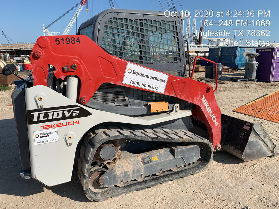 2019 Takeuchi TL10V2-CR Cab/Heat/AC, Rubber Tracks, Backup Alarm, Front & rear working Lights, Auxiliary Hydraulics, 2 Speed Travel, Engine Monitoring System, Hydraulic universal quick hitch w/76" HD smooth dirt bucket with bolt-on edge, 20.3 cubic feet capacity, 48" Pallet forks and frame