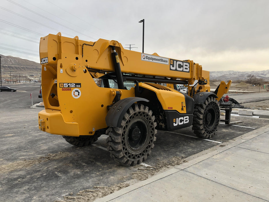 2019 JCB 512-56 Enclosed Cab, 109 HP, Solid Tires, Worklights, Beacon, Aux Hydraulics, Lifting Eye w/66" Carriage/60" Forks