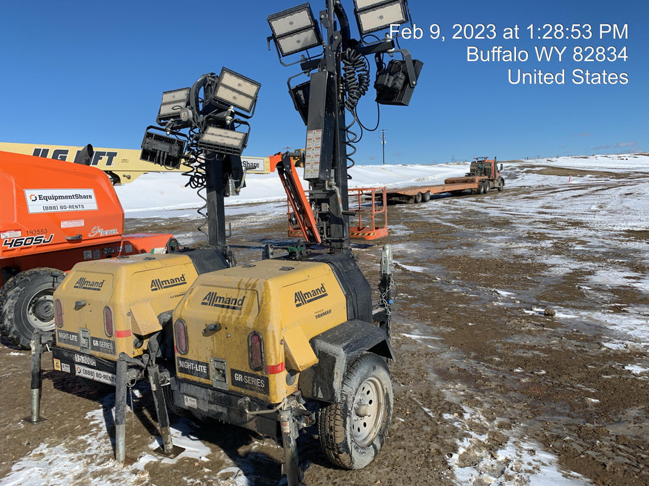 2022 Allmand NLV3GR (4) LED Light Fixture 350W, 23' Vertical Mast, 3kW Prime, Towable, ES Decals, T3 no