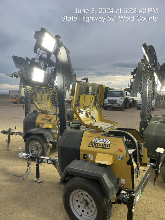 2022 Allmand NLV3GR (4) LED Light Fixture 350W, 23' Vertical Mast, 3kW Prime, Towable, Deep Sea L401, Leveling Jacks, Yanmar T4F 5.8hp