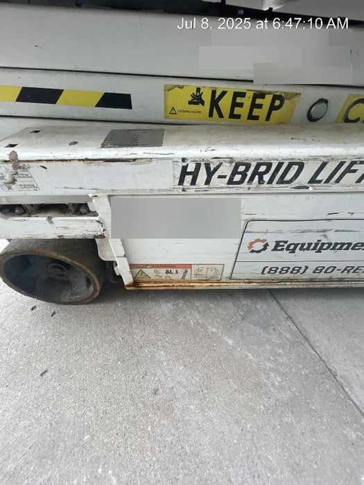 Custom Equipment HB-1430 <ul>
 <li>Hy-Brid Scissor Lift</li>
  <li>Platform capacity up to 670 lbs.</li>
  <li>Working height up to 20 ft</li>
  <li>Weighs under 1,700 lbs.</li>
  <li>Non-marking wheels </li>
</ul>